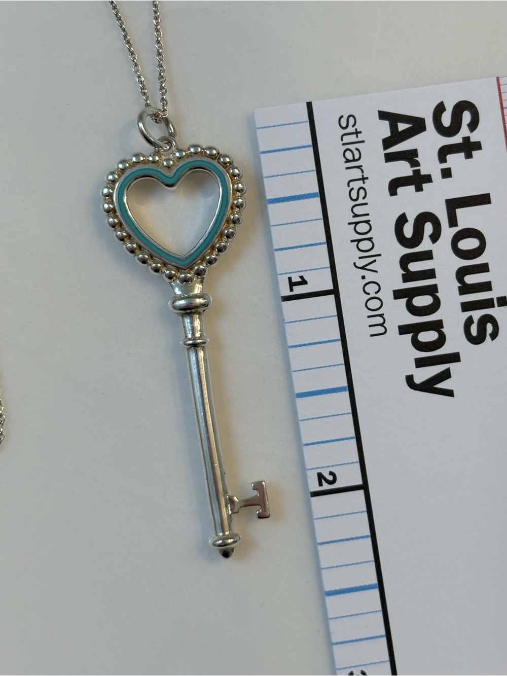 Tiffany & Co. enamel and sterling silver heart key pendant necklace with chain - Picture 4 of 9